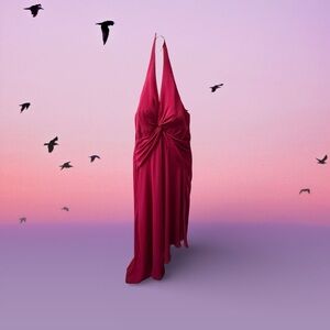 S.L. Fashions Asymmetrical Knot-Front Halter Dress in Deep Raspberry